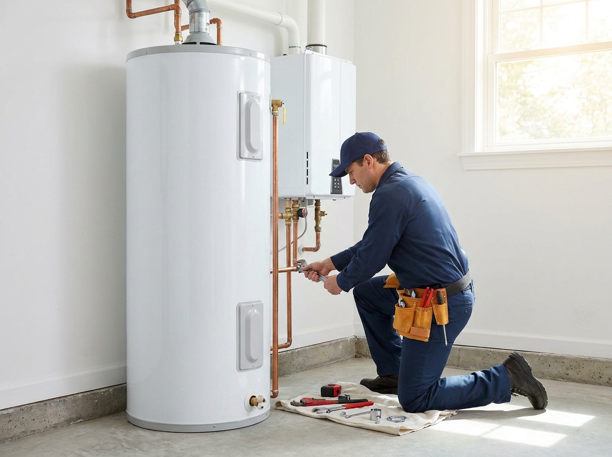 Licensed plumber servicing a water heater in Calvert, TX
